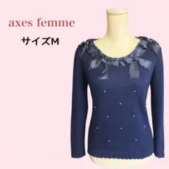 axes femme リボン レース ニット プルオーバー 紺 M