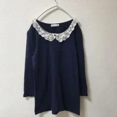 【earth music&ecology 】ネイビー カットソー　レース襟　M