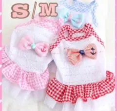 犬服　フリルワンピース【ピンクM】ギンガムチェックのフリルワンピース　リボン付き