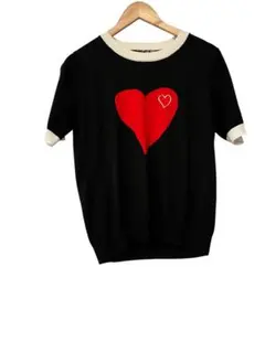 ハート柄 半袖ニットセーター 黒/赤