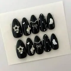 ネイルチップ ブラック 星 リボン 韓国風 ワンホンのサムネイル