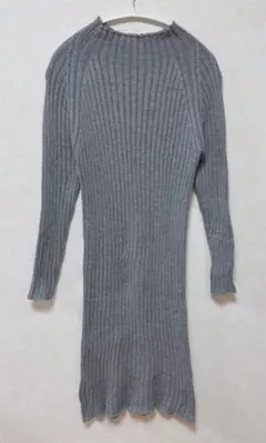 グレー リブ編み 長袖 ロングニットワンピース