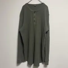 【UNIQLO】ワッフルヘンリーネックT（長袖）XL オリーブ カーキ