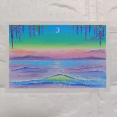 幻想的な海の風景画 朝日 オイルパステル画原画 ハガキサイズ 絵画