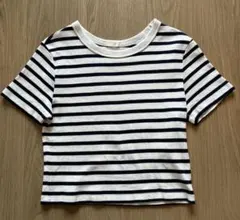 GU 紺と白のストライプ クロップドTシャツ　S