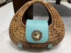【希少】ケイトスペード かごバッグ 天然素材×本革 茶×ターコイズ 夏バッグ