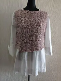 ピンクベージュ　パイナップル編み ショート ベスト