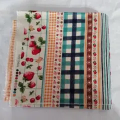 はぎれ　綿麻シーチング生地　１メートル　いちごチェック　ストライプ柄　青系