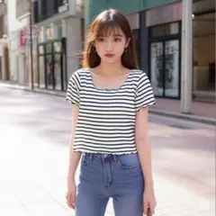 【セール品】one way ストライプ Ｍ 半袖 Tシャツ スクエアネック