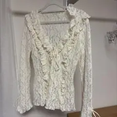 アイボリー フリル レース 長袖ブラウス