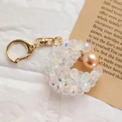 ビーズキーホルダー ハンドメイド オーロラ キラキラ パール バッグチャーム 金