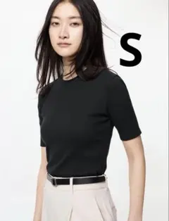 【UNIQLO】リブクルーネックT ブラック S