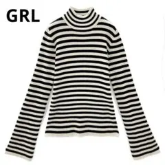 GRL グレイル ボーダー柄フレアスリーブリブニット 伸縮性 ブラック M