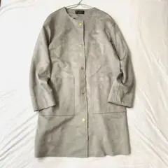 【ラフラフ】ノーカラーコート 金ボタン スエードタッチ ポケット有 無地 M