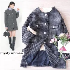 mysty woman ノーカラーツイードコート ブラック