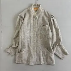 【ギャルソンヌ】ジャケット　リネンライク　毛　絹混　バンドカラー　羽織　無地