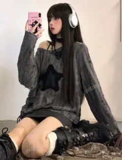 オフショルダー 星柄 ニット トップス グレー　y2k
