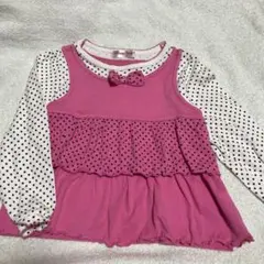 重ね着風 ドット柄 チュニック トレーナー ロンT ピンク 110cm 女の子