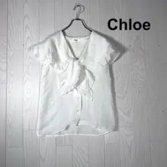 BR109 Chloé クロエ リネン ラッフルフリル ボウタイブラウス 麻 Lのサムネイル