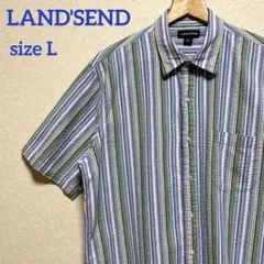 LANDS'END シアサッカー半袖シャツ　ストライプ　Lのサムネイル