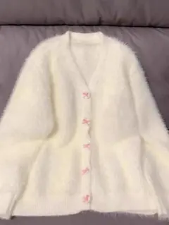 シャギー　ニット　ホワイト フワフワ カーディガン 長袖