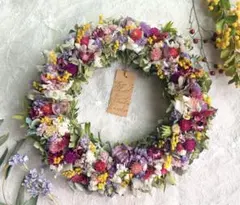 春色ドライフラワーリース＊ミモザ×パープル系＊ナチュラルボタニカル＊アンティーク