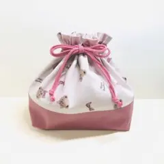 お弁当袋　くまさんとリボン　ハンドメイド　くすみピンク　巾着袋　【948】