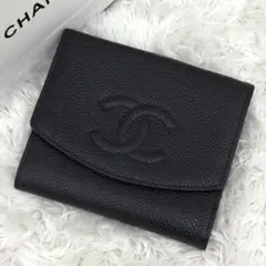 極上美品✨CHANEL シャネル キャビアスキン 折り財布 ココマーク ブラック