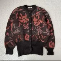 Vintage 花柄 ジャカード ニットカーディガン レトロ感 オーバーサイズ