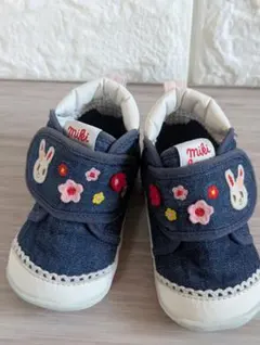 ミキハウス ベビーシューズ 12cm ネイビー うさぎ 花 刺繍 女の子