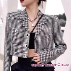 韓国服　レディース　チェック　千鳥格子柄ショートジャケット　ツートーン トップスのサムネイル