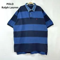 ポロラルフローレン 刺繍ロゴ 襟デニム ボーダー 半袖 ポロシャツ S9古着