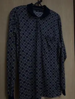Diorネイビーゴールドパターン長袖ポロシャツ