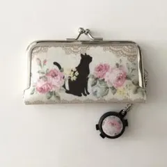 がま口印鑑ケース朱肉付き♡ 黒猫　薔薇　ベージュ