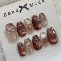 現品　ハンドメイド　ネイルチップ　04バレンタイン　ブラウン　マグネット