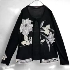 a238【美品】レオナール 花柄トリム カーディガン ブラック 44 2XL