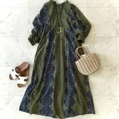 美品 ミナ ペルホネン 総柄コットンシルク混ワンピース 38 茶 青 長袖 美品 ミナ ペルホネン 総柄コットンシルク混ワンピース 38 茶 青 長袖