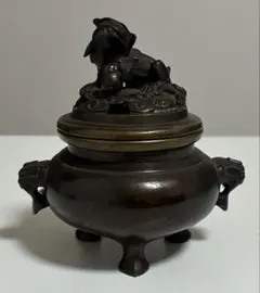 香炉 獅子 中落とし、蓋付き 三足 仏具 真鍮製 骨董品　小ぶりで重厚
