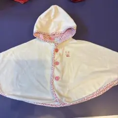 ミキハウス、フード付きポンチョ、70〜90、白地にピンクのパイピング