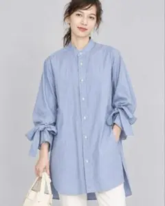 【美品】BEAUTY&YOUTH 袖リボン ストライプ ロングシャツ 青