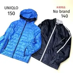 美品ユニクロダウン中綿150ブルー青ジャンバー140黒ブラック防寒セットキッズ春