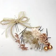 成人式卒業式髪飾りゴールド＆くすみピンク13点セット