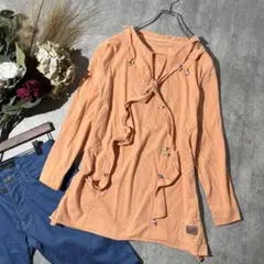 Ｃ37 装飾デザインカットソー【M-L】オレンジ 7分袖 ロープデザイン