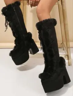 SHEIN レディースオーバーニーブーツ　ミドルブーツ　ブラックファーブーツ