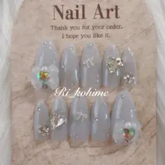 くすみブルーリボンラメ量産型フレンチガーリーちゅるんワンホン韓国ニュアンスy2k