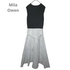 ミラオーウェン ドッキングワンピ 水玉 リボンベルト モノトーン リネン 春夏