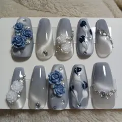 成人式、(花束)水色ネイルチップ