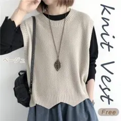 ニットベスト ジレ ベージュ　フリーサイズ 重ね着 ゆったり　体型カバー