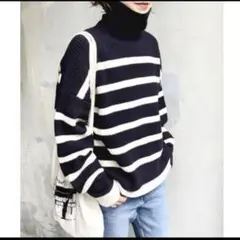 スピックアンドスパン　ネイビー×白　太ボーダー　ハイネックリブニット