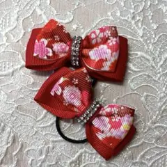 和柄赤い花柄リボンヘアゴム2個セット